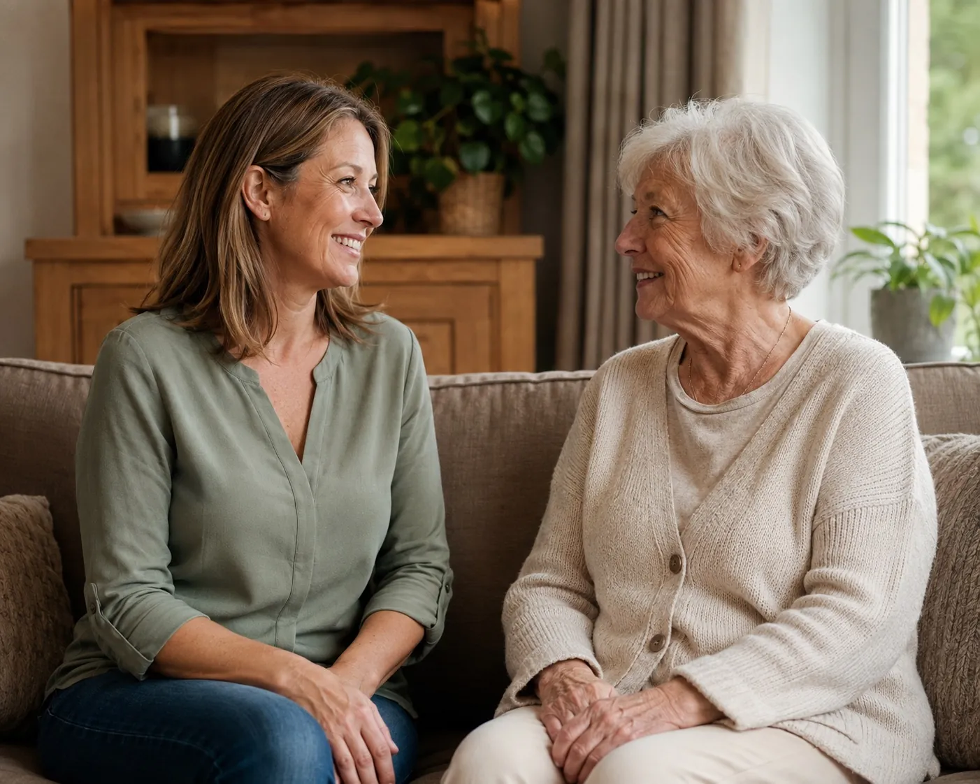 Een maatje en een oudere vrouw praten samen op de bank.