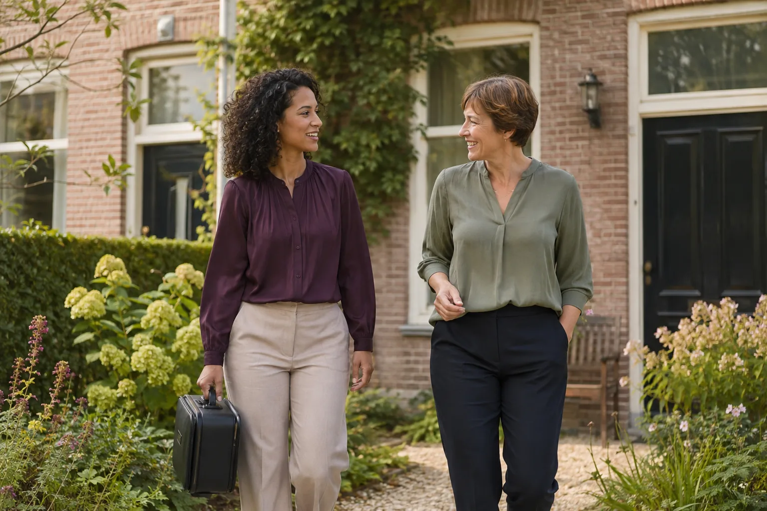 Twee professionals lopen met een werkkoffer langs een woning.